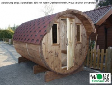 Wolff Finnhaus Saunafass 400, 2 Räume komplett montiert, schwarze Dachschindeln